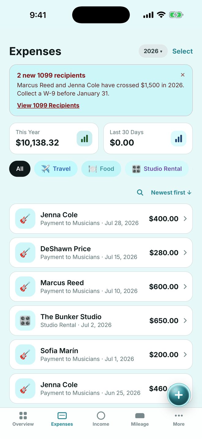 Expenses screen with scanned receipts filed by category
